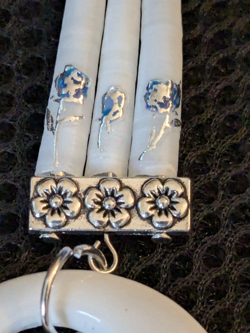 White and Blue Floral Porcelain Hoop Dentalium Shell Earrings - Picture 6 of 6